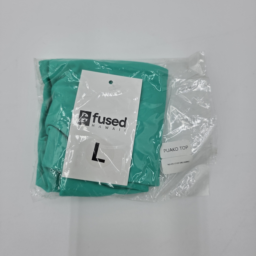 NWT‎ Fused Hawaii Puako Top Bikini Swimsuit L “Never Stop Dreaming” Teal Aqua
